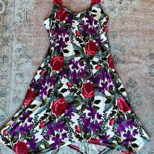 Floral Slip Dress with Red Roses and Purple Blossoms
